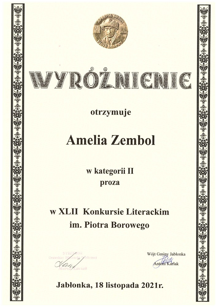Wyróżnienie dla Amelii Zembol w kategorii II proza w XLII Konkursie Literackim im. Piotra Borowego