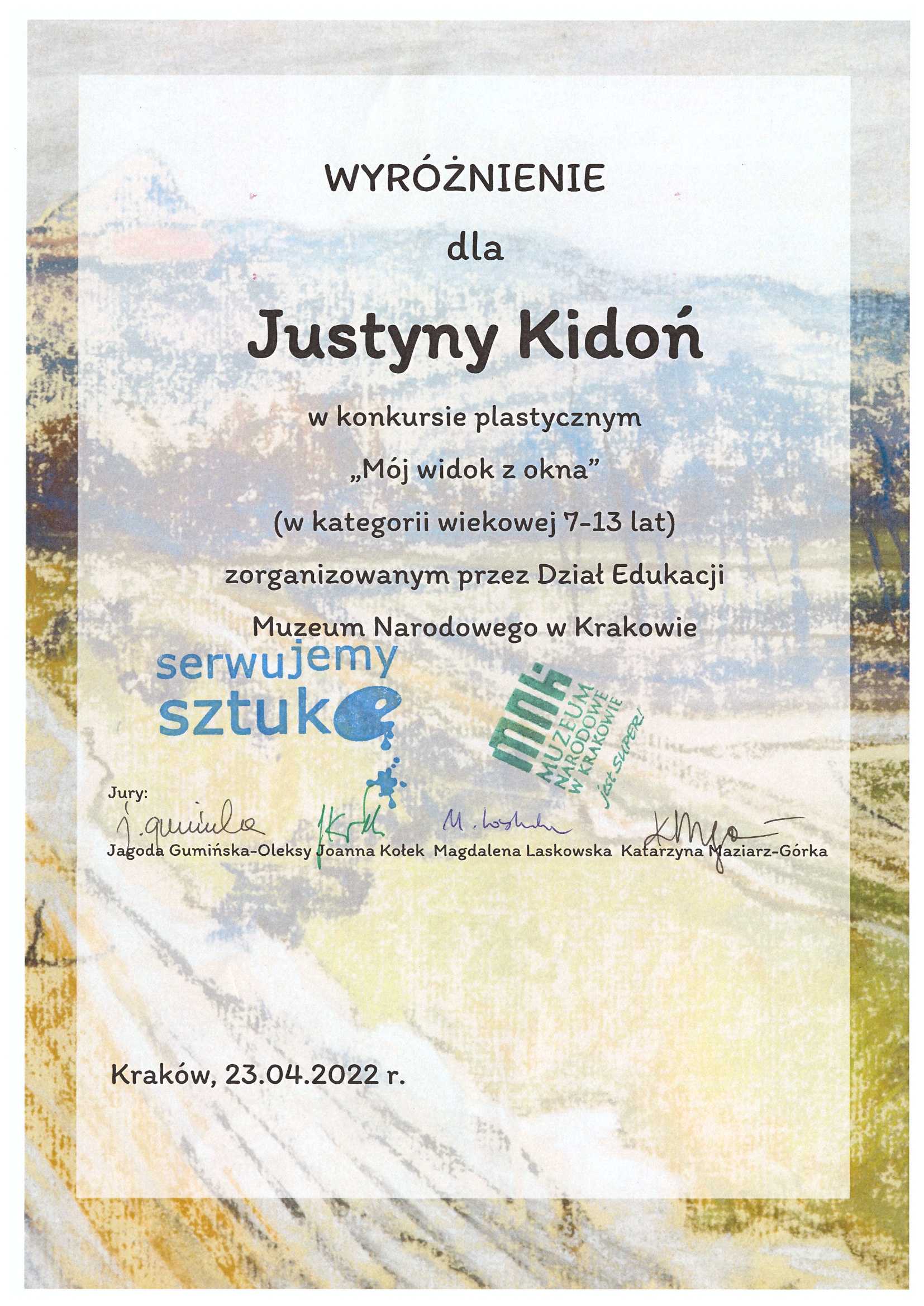 Wyróżnienie dla Justyny Kidoń w konkursie plastycznym "Mój widok z okna" zorganizowanym przez Dział Edukacji Muzeum Narodowego w Krakowie