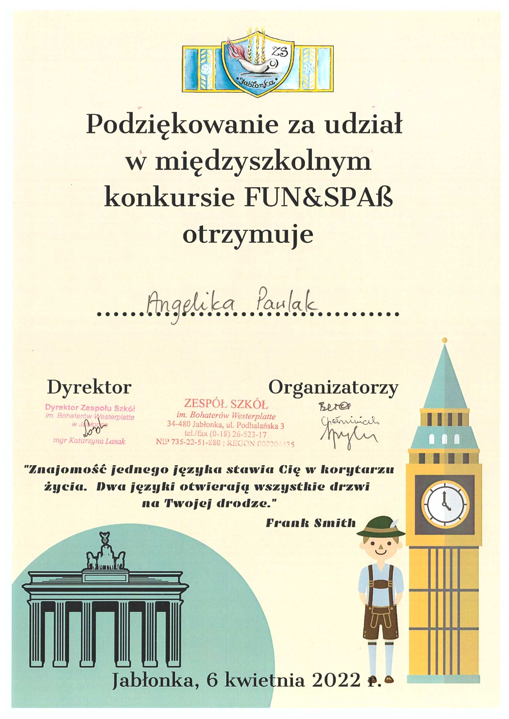 Podziękowanie za udział w międzyszkolnym konkursie FUN&SPAB otrzymuje Angelika Pawlak