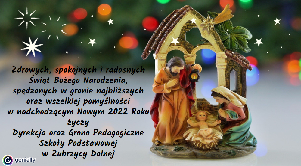 zdjęcie przedstawia życzenia z okazji świąt Bożego Narodzenia na tle szopki betlejemskiej